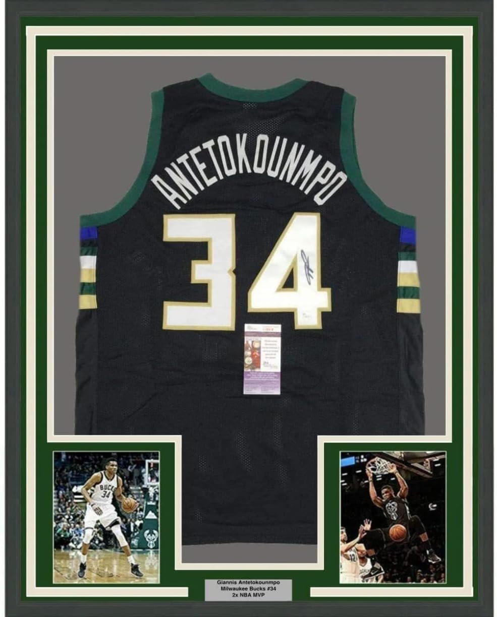 Framed Autographed/Signed Giannis Antetokounmpo 33x42 Milwaukee Black Basketball Jersey JSA COA