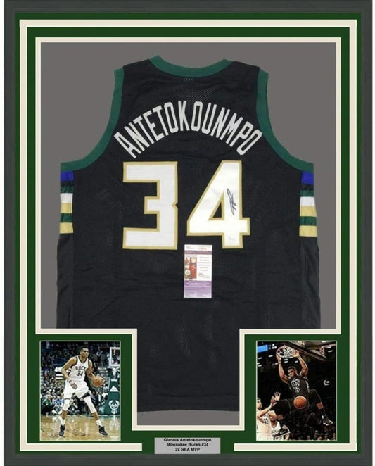 Framed Autographed/Signed Giannis Antetokounmpo 33x42 Milwaukee Black Basketball Jersey JSA COA
