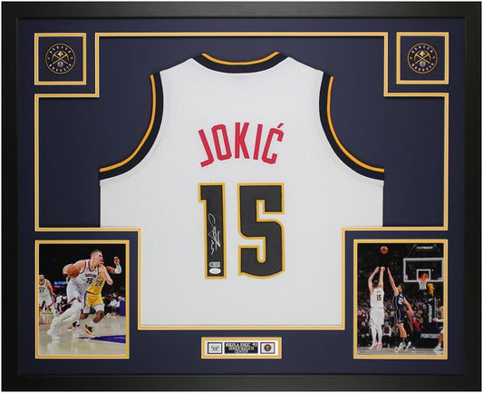 Nikola Jokic Autographed White Denver Jersey - Beautifully Matted and Framed - Hand Signed By Jokic and Certified Authentic by JSA - Includes Certificate of Authenticity