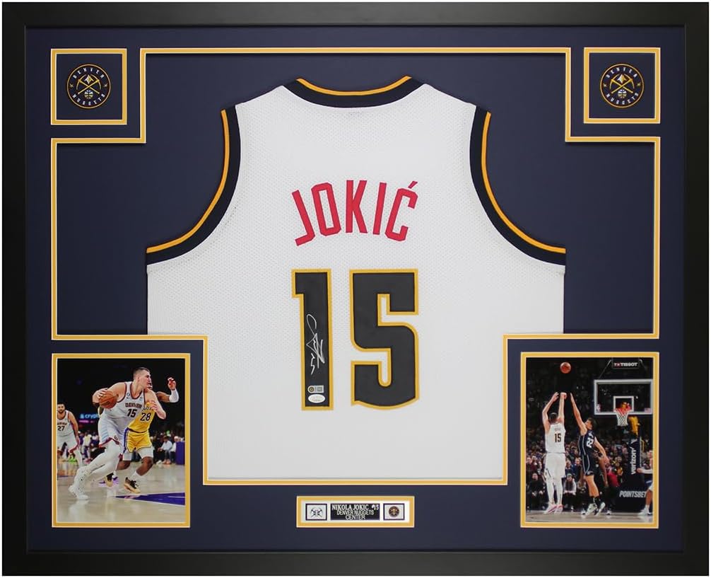 Nikola Jokic Autographed White Denver Jersey - Beautifully Matted and Framed - Hand Signed By Jokic and Certified Authentic by JSA - Includes Certificate of Authenticity