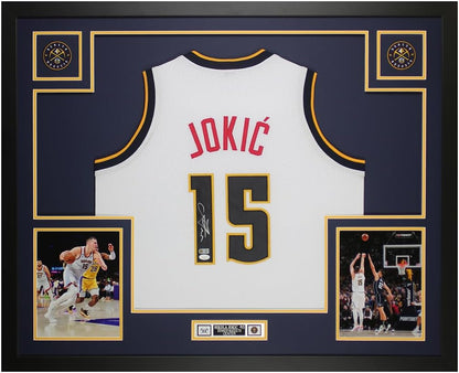 Nikola Jokic Autographed White Denver Jersey - Beautifully Matted and Framed - Hand Signed By Jokic and Certified Authentic by JSA - Includes Certificate of Authenticity